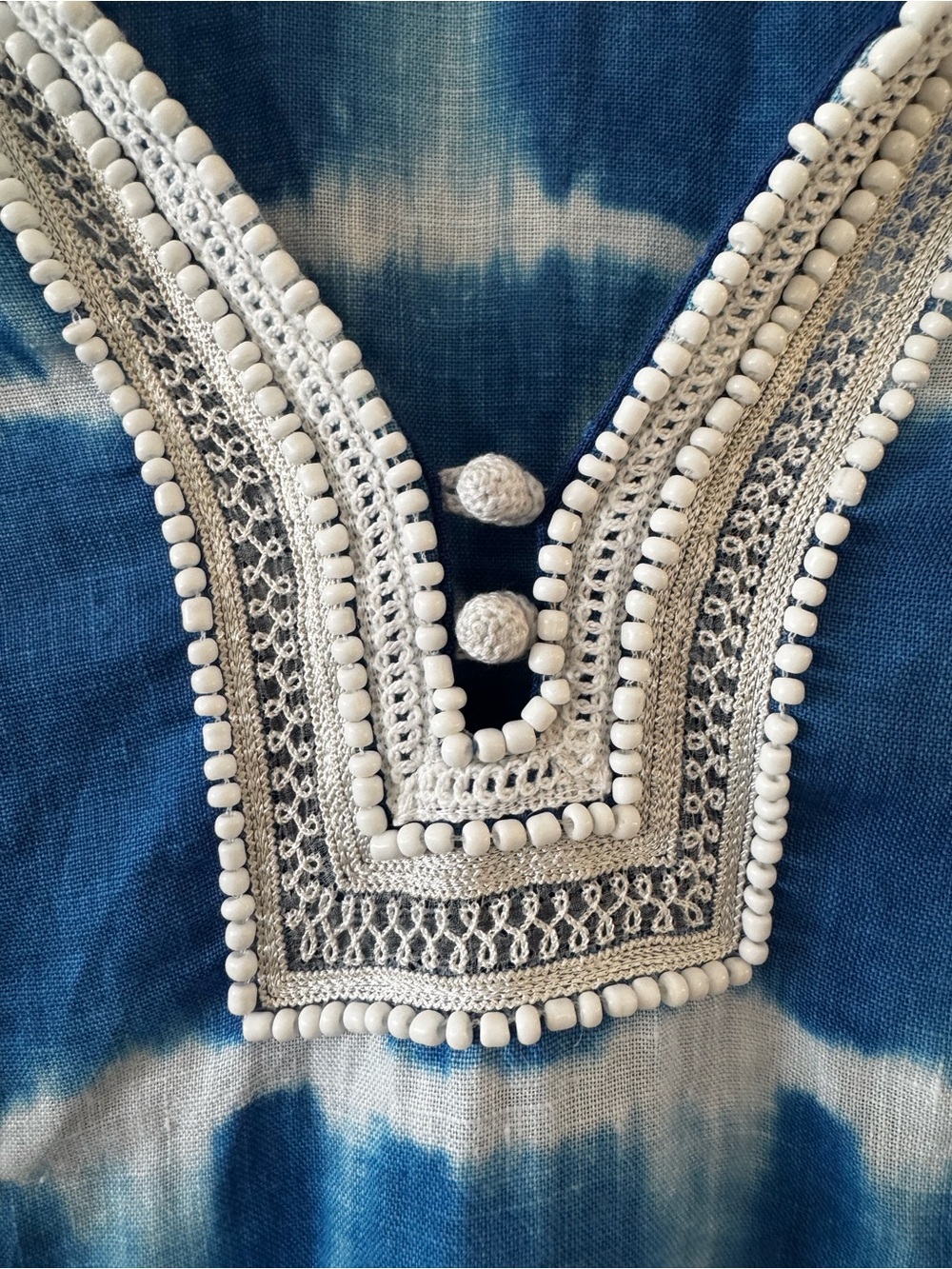 Tashia Shibori Blue & White Tie-Dye Embroidered + Beaded Linen Tunic, Medium - Picture 3 of 10